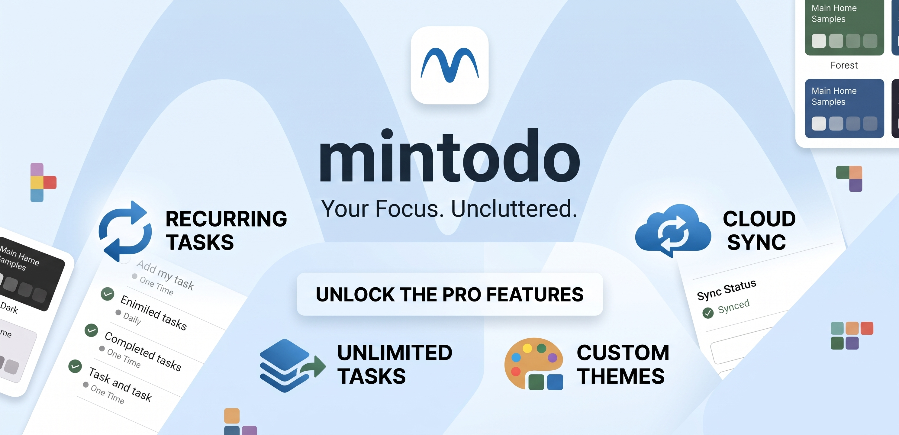 Mintodo app features including recurring tasks, unlimited tasks, cloud sync, and custom themes